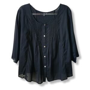 Women Black Sheer Cotton Pintuck Blouse Top M Cottage Minimalist Fairy Boho